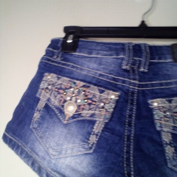 Soundgirl Shorts Juniors 1 Button Pockets Embroidery Rhinestones Denim Blue - Picture 13 of 14